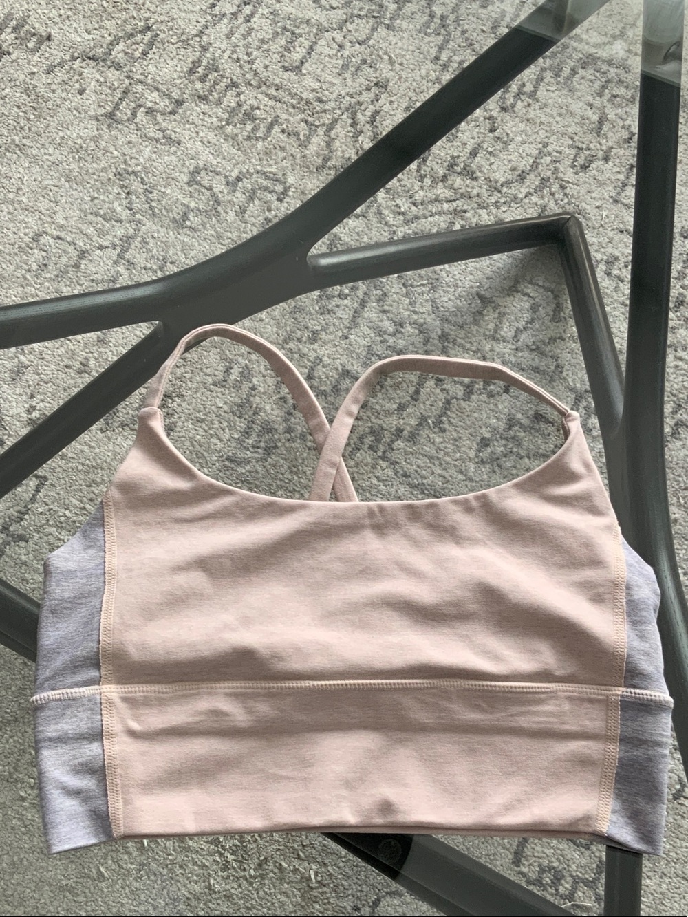Vuori Oat & Gray Cross-Back Sports Bra.